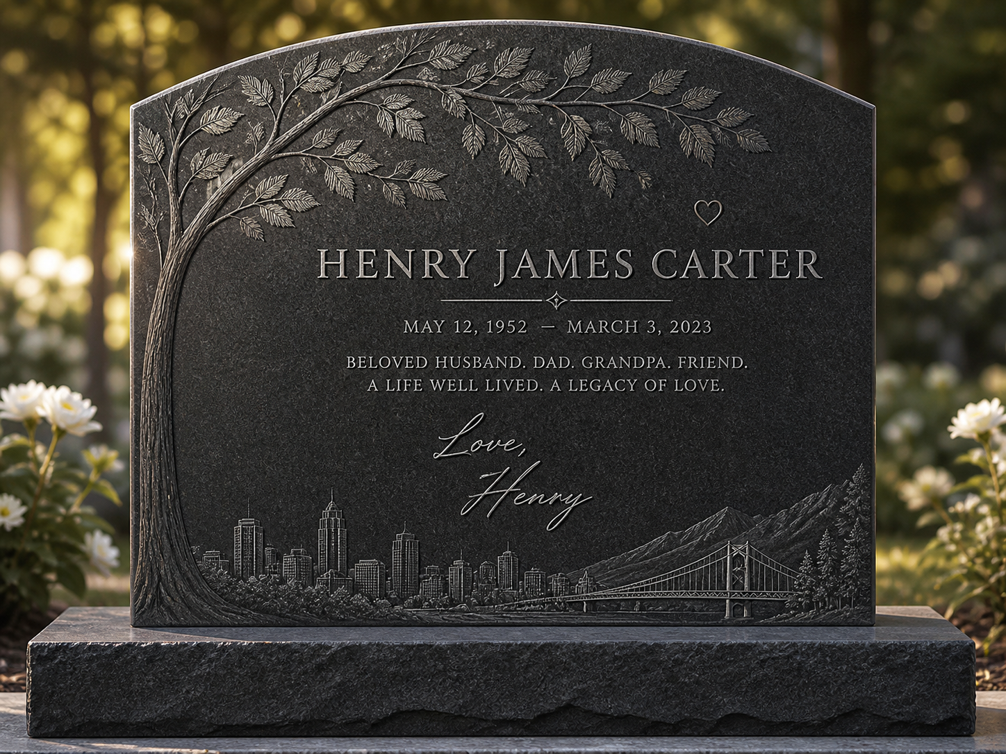 Premium arched upright granite monument with carved tree branch, handwritten signoff, hometown skyline, bridge, and tiny heart