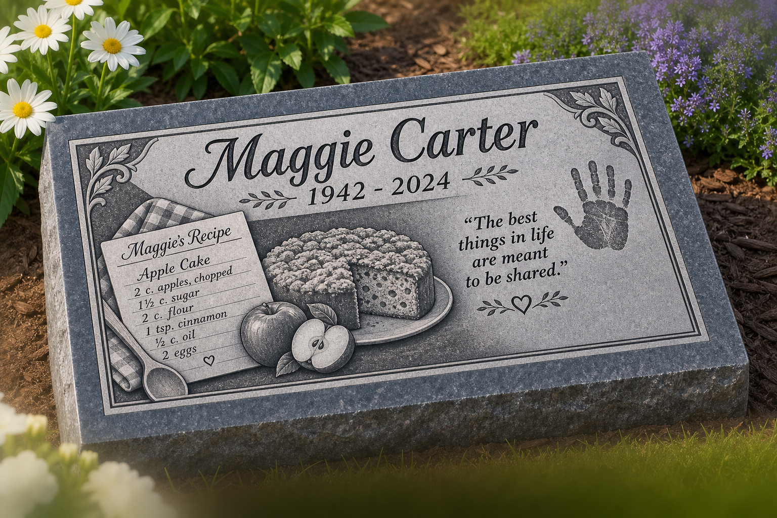 Flat recipe-inspired gravestone with engraved recipe card, apples, cake, handprint, quote, and botanical border