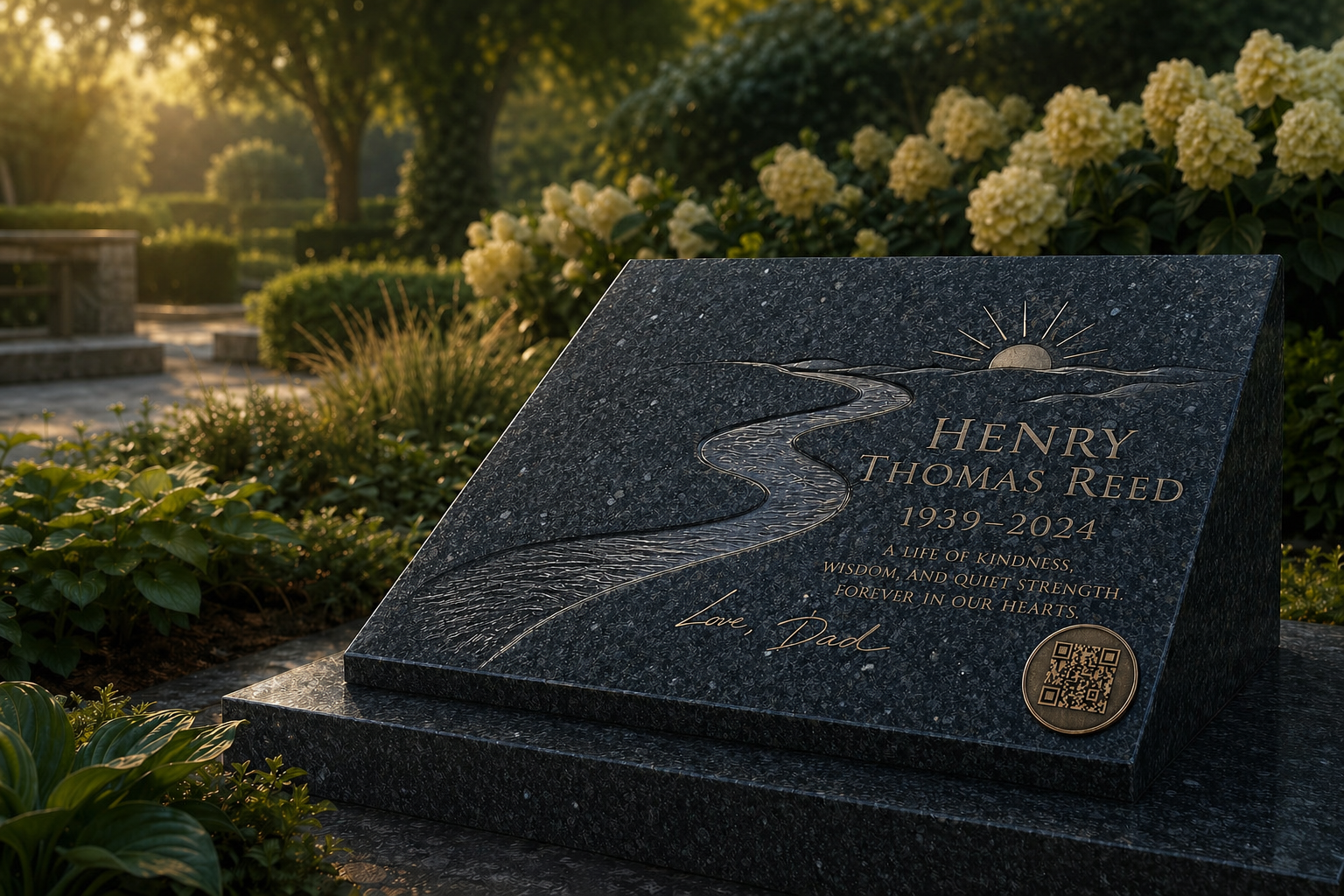 Dark granite slant headstone concept with river engraving and handwritten signature detail