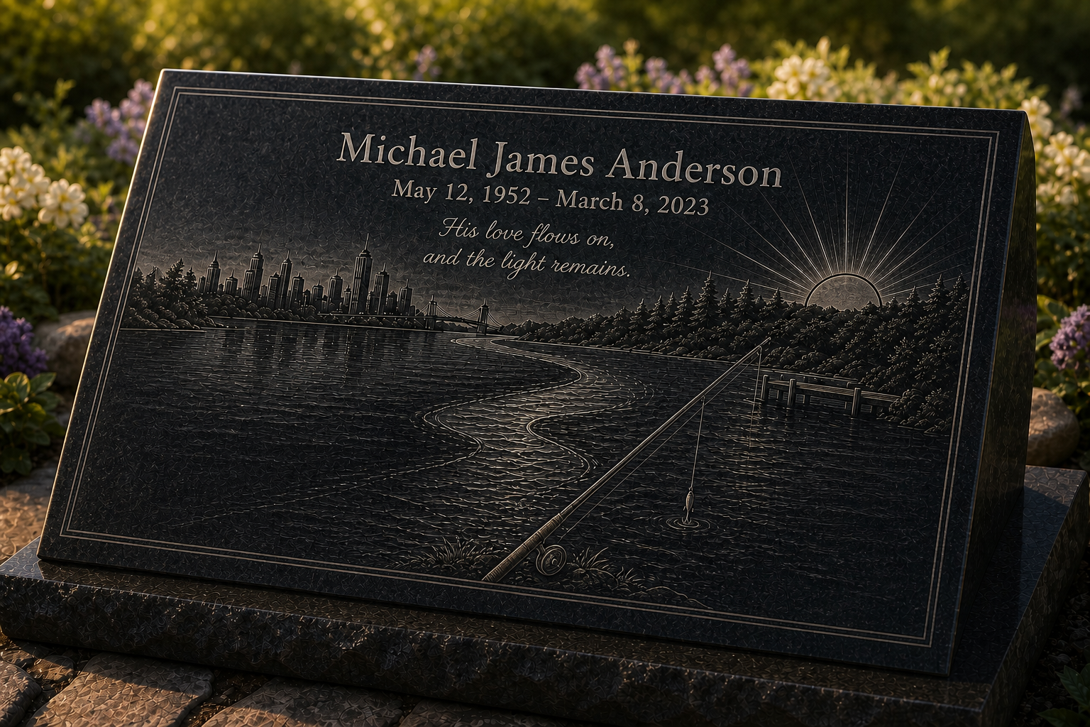 Dark granite slant marker with etched river sunrise and legacy details