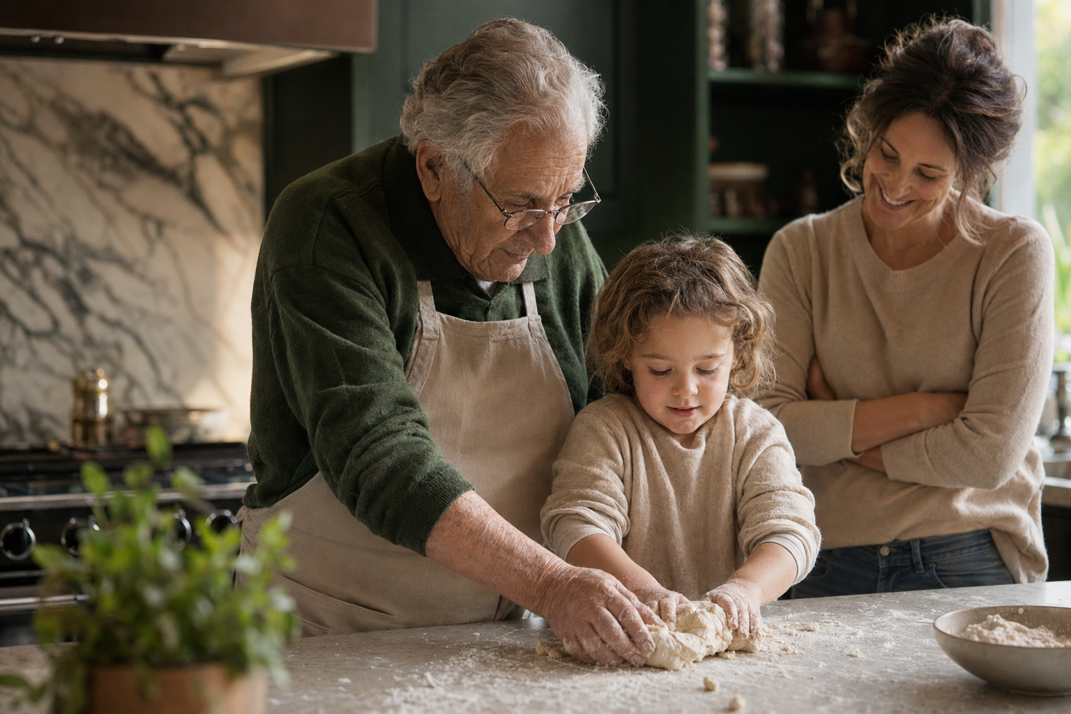 A grandfather and grandchild baking together